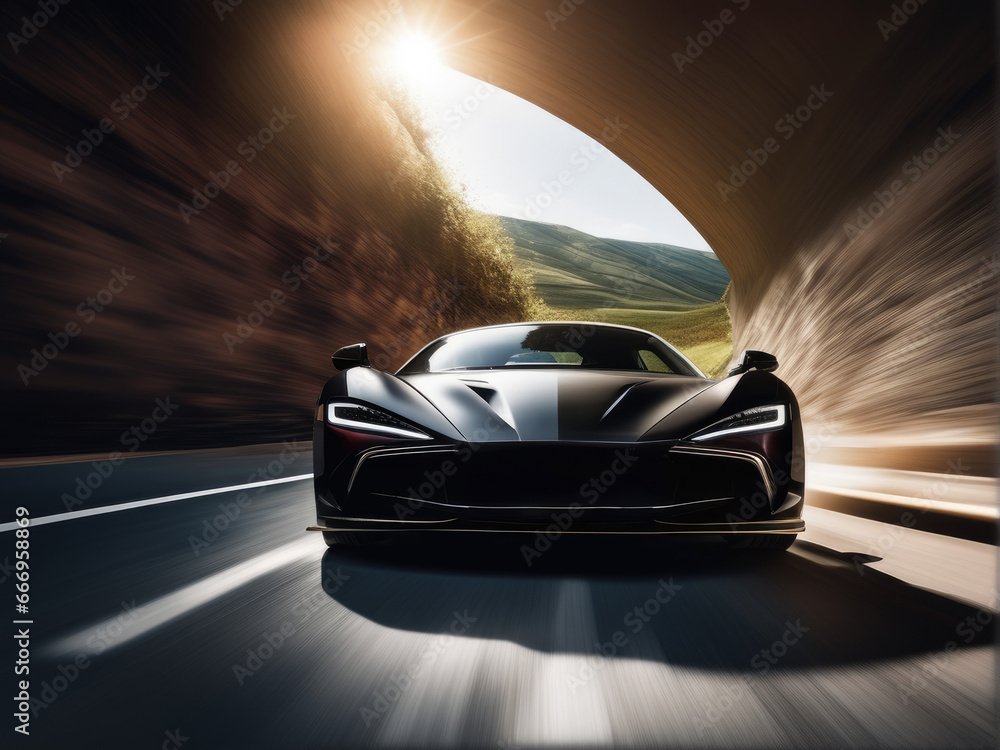 Obraz premium modern sports car drives quickly through an abstract light tunnel