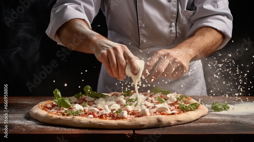 A chef adding a sprinkle of Parmesan cheese to a pizza