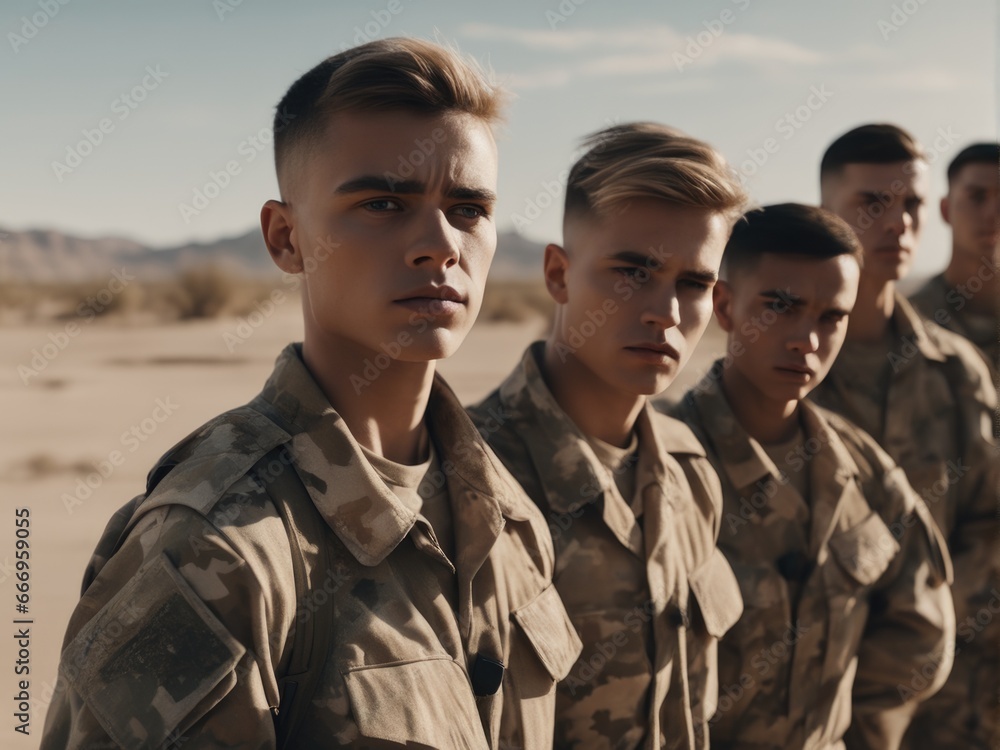 Group of young soldiers in military uniform in a desert