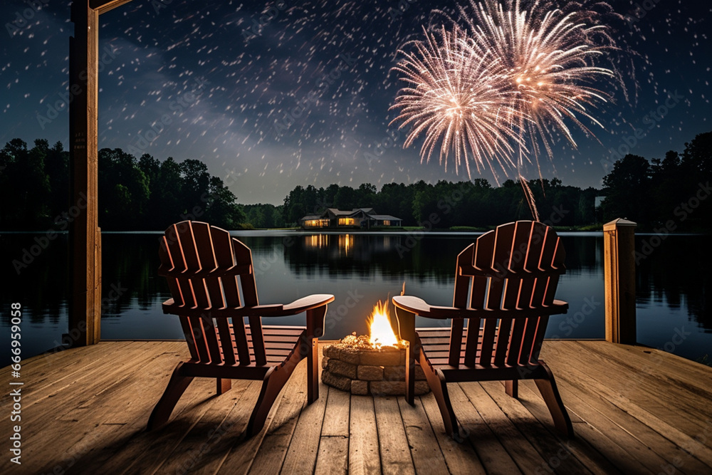 fireworks over two Adirondack chairs on the wooden dock, aesthetic look