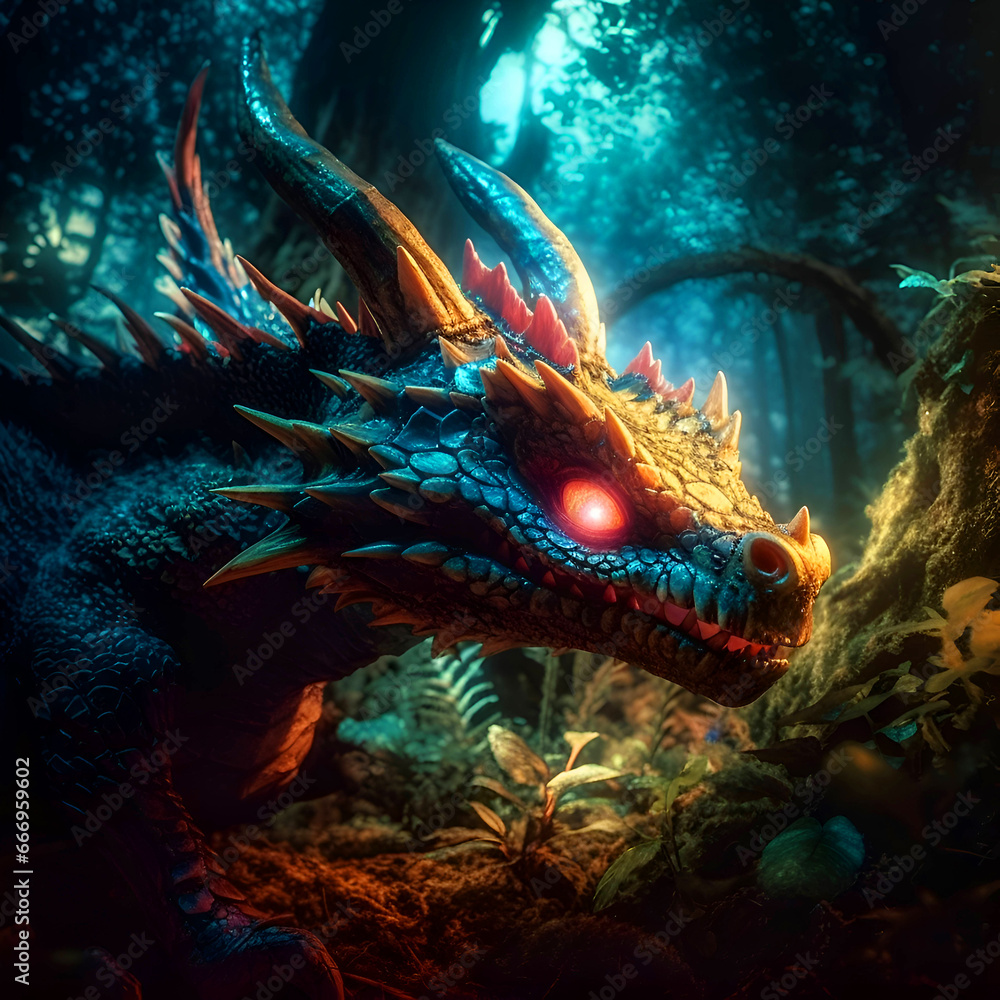 Fototapeta premium Dragon in the dark forest. 3D rendering- 3d illustration.
