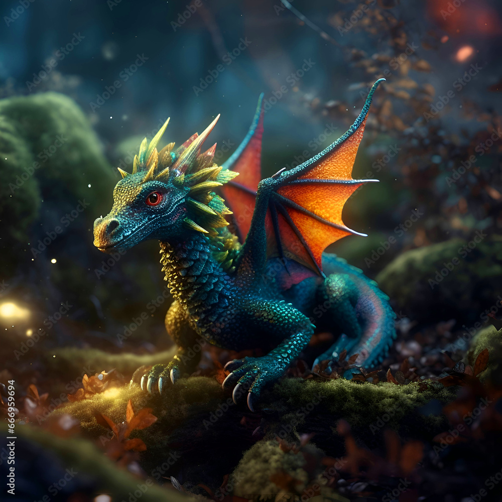 Obraz premium 3d rendering of a fantasy dragon on a mossy background.