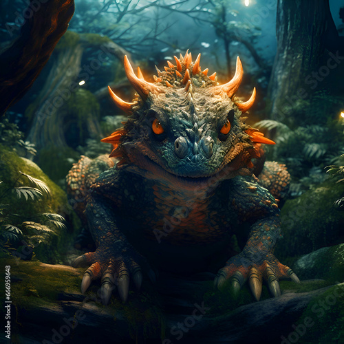 3D rendering of a fantasy dragon in a fantasy forest environment.
