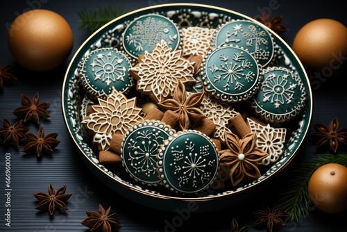 Christmas background, flatlay in stile of illutration, with christmas gingerbread, and diffrent shape in stile of illustration.