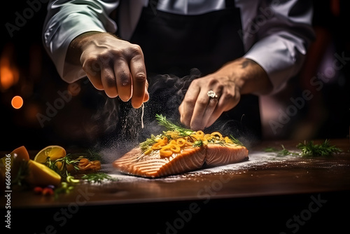 the chef preparing food grilled salmon steak with vegetables