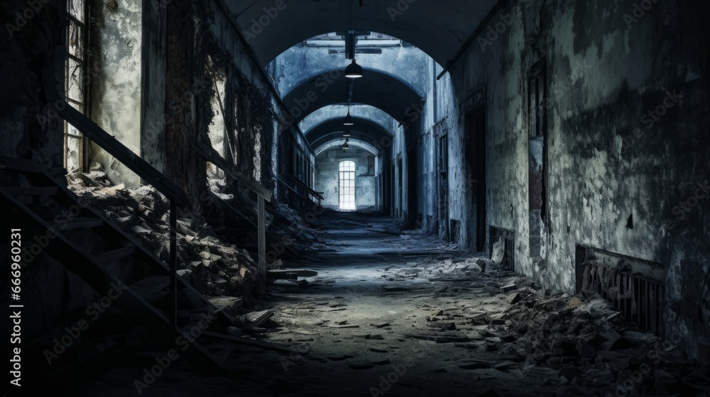 Haunted footsteps echoing through an old, decrepit asylum