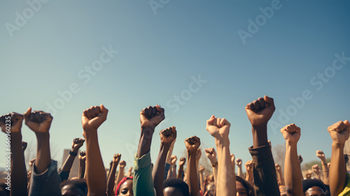 Group of protestors with their fists raised up in the air., protesters people fighting for their rights photo
