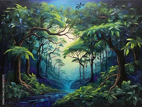 Digital painting of a tropical forest with a stream running through the jungle