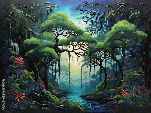 Digital painting of a tropical forest with a stream running through the jungle