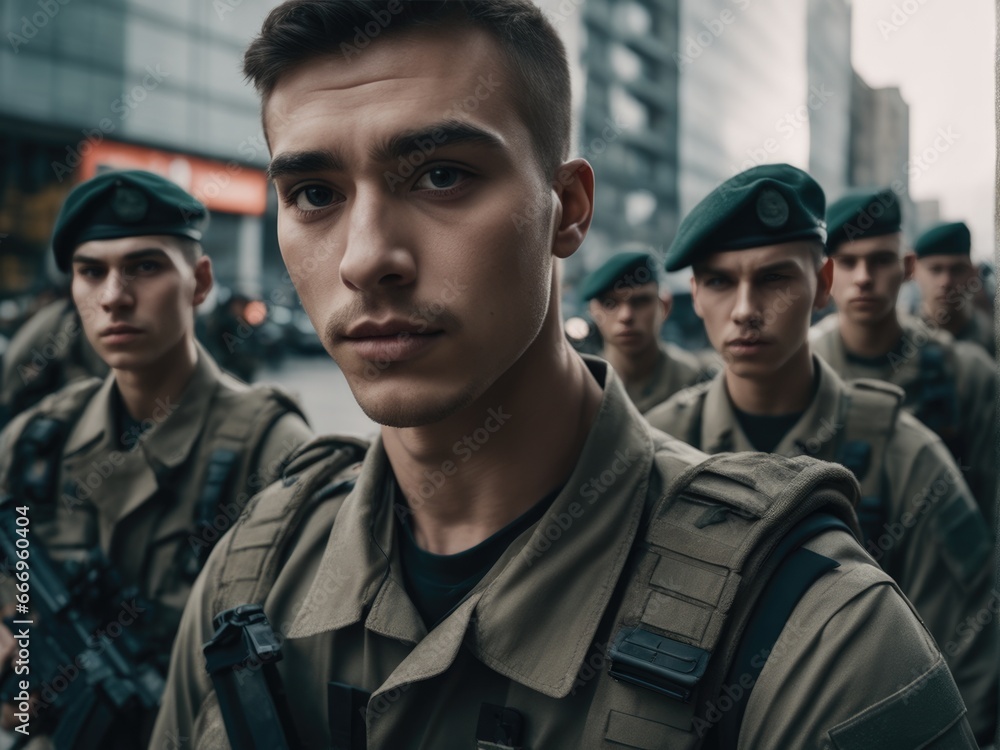 Group of young soldiers in military uniform in a city