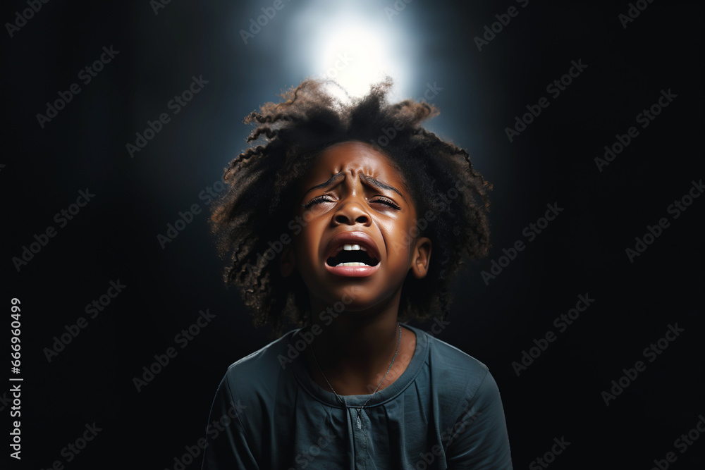 black child boy screaming crying on dark isolated background black child boy screaming crying on dark isolated background