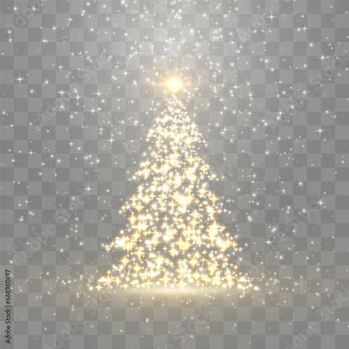Shiny Christmas tree. Glitter gold particles shine effect on png background. Magical light dust, dusty shine. Vector glittering lights in the form of a Christmas tree with bright glowing particles.