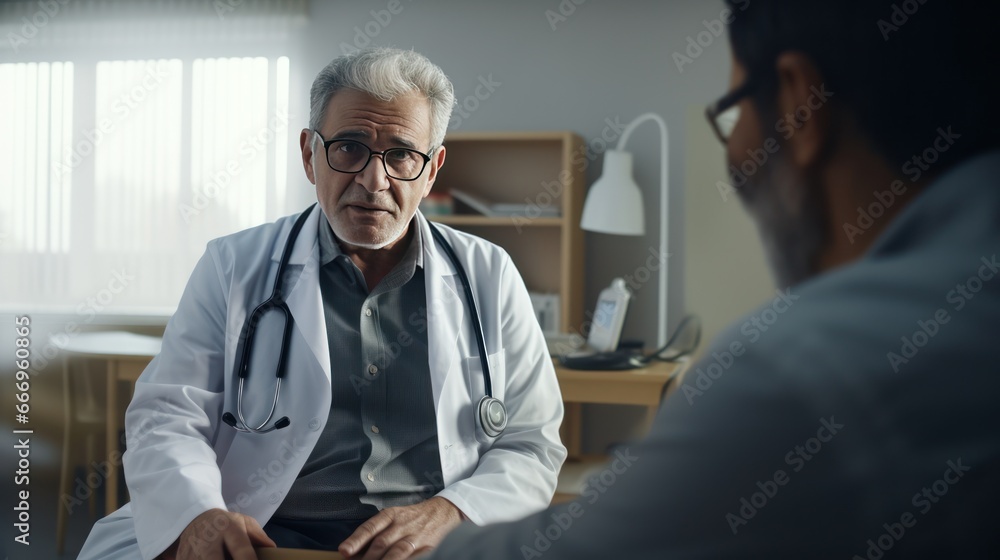 Doctor with elderly patient, doctor consulting examining comforting elderly senior aged adult in hospital
