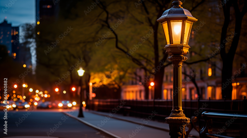 Victorian lamp post in an urban setting. City Street feeling and evening look. Shallow field of view.