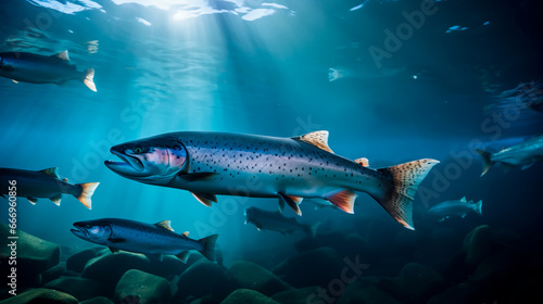 Atlantic Salmon under water. Concept of fishing for Salmon or fish farming. Shallow field of view with copy