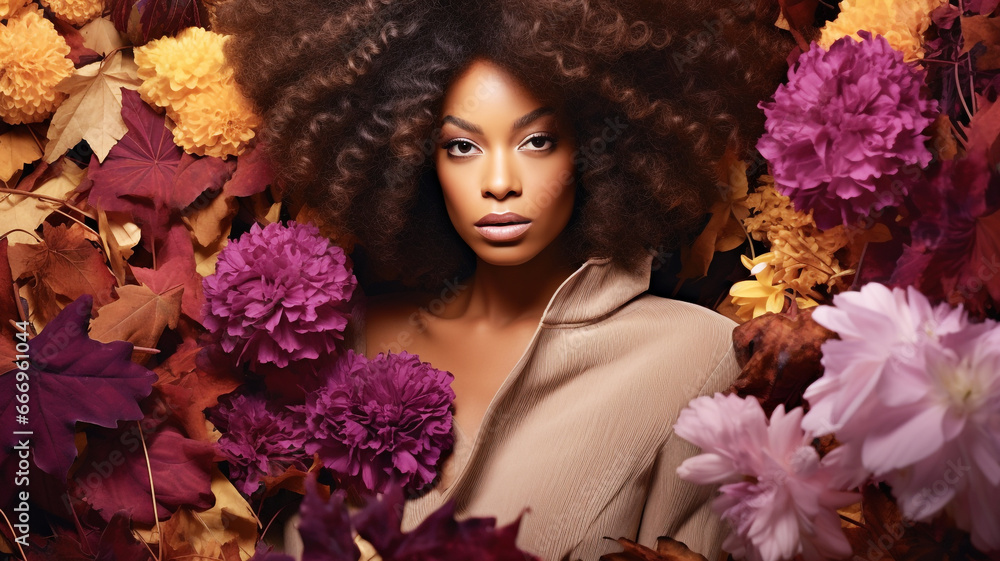 Beautiful african model with autumn flowers Beautiful african model with autumn flowers