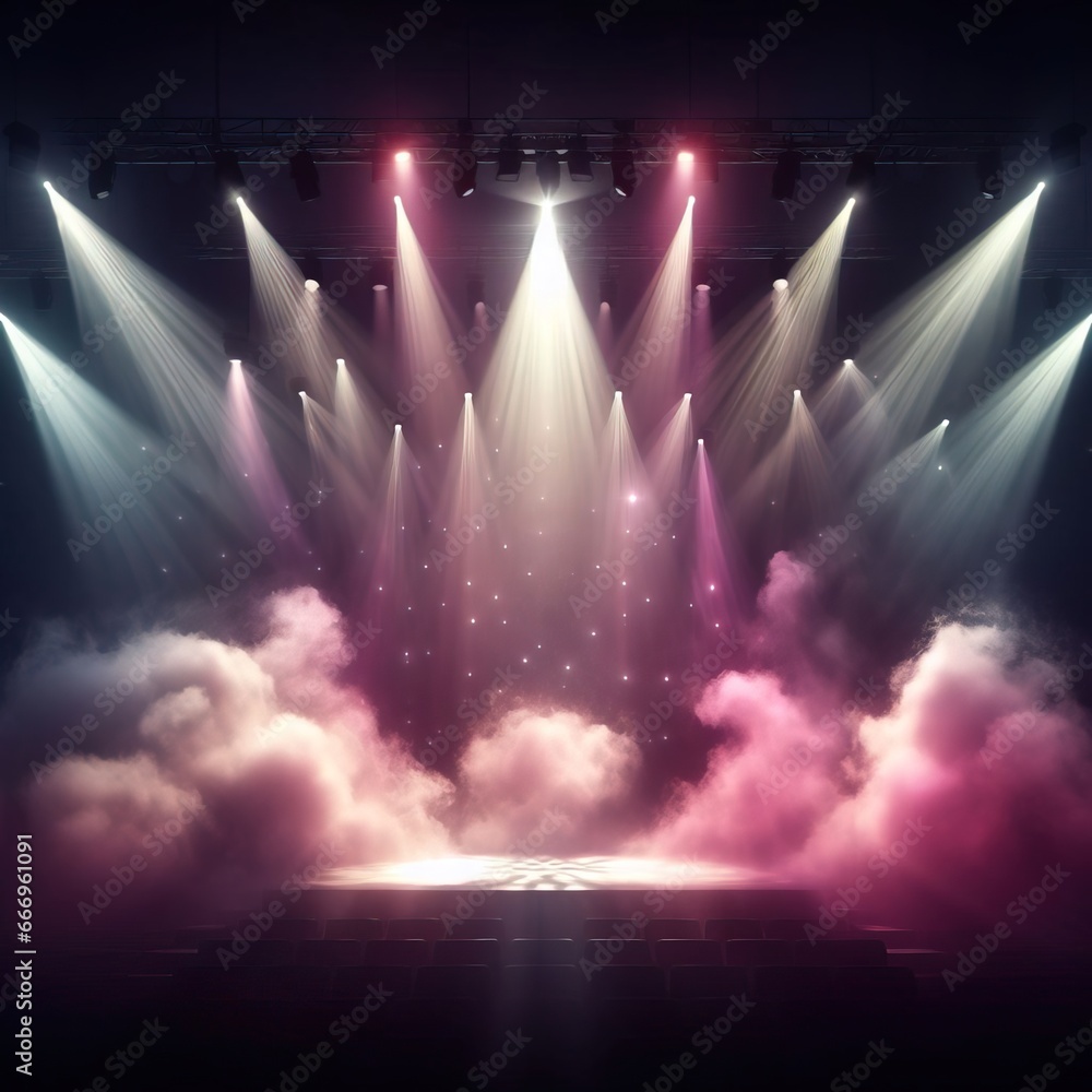 Stage alight with scenic brilliance, smoke, and a colorful vector spotlight creating a smoky, luminous display against a dark backdrop. The stadium's cloud projector adds an atmospheric touch.