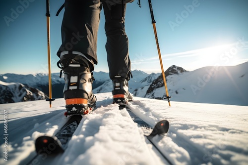 Mountaineer Backcountry Ski Walking in the Mountains. Ski Touring in High Landscape. Adventure Winter Extreme Sport. Detail Boots.