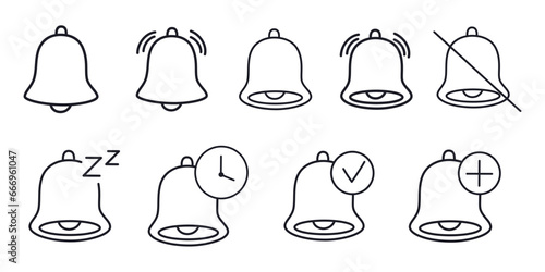 Notification bells icon. Incoming inbox message, new message, ringing bell, alarm alert. Concept editable stroke outline line icons set flat vector illustration.  64 x 64.