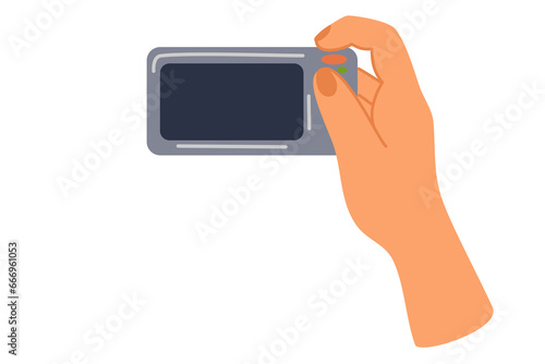 Hand holding camera. Photographer taking pictures. Professional photo or video shooting. Hand drawn vector illustration