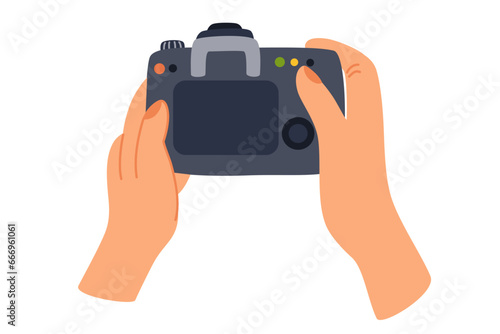 Hand holding camera. Photographer taking pictures. Professional photo or video shooting. Hand drawn vector illustration