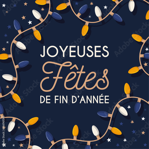 Joyeuses fêtes de fin d'année - Illustration festive pour célébrer Noël et le jour de l'an - Éléments décoratifs et textes éditables - Vecteur élégant - Guirlandes lumineuses modernes