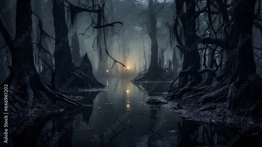 An eerie, misty swamp with mysterious lights