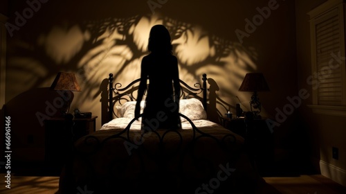 A sinister silhouette in a haunted bedroom