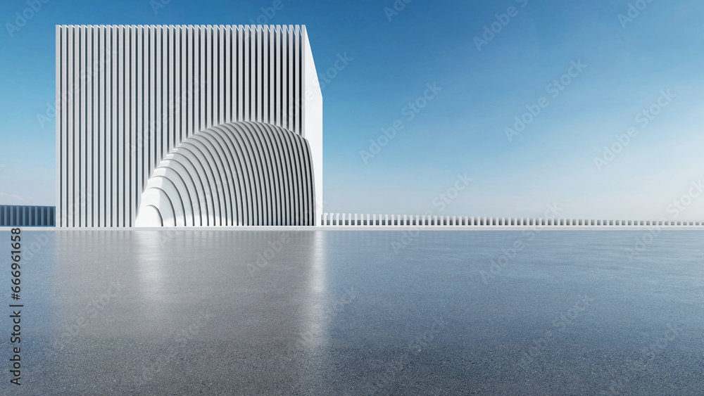 3d render of abstract parametric architecture with empty concrete floor. Scene for car presentation. - obrazy, fototapety, plakaty 