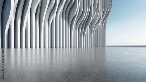 Fototapeta Naklejka Na Ścianę i Meble -  3d render of abstract parametric architecture with empty concrete floor. Scene for car presentation.