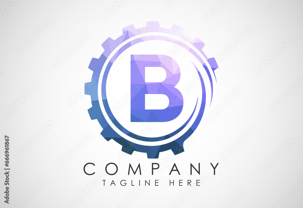 Low poly alphabet B in a gear spiral. Gear engineer logo design. Polygonal logo for automotive Low poly alphabet B in a gear spiral. Gear engineer logo design. Polygonal logo for automotive