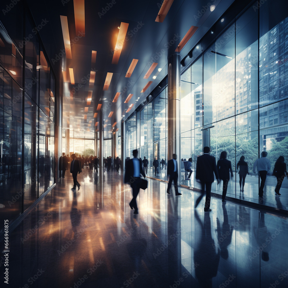 A long-exposure shot of a crowd of business people walking through a brightly lit lobby of an office or airport, moving fast with blurred