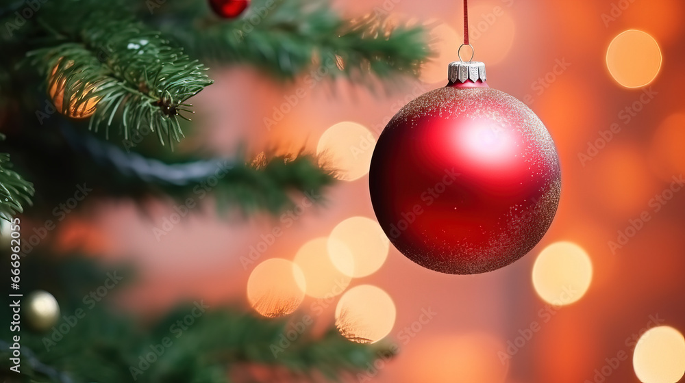 Christmas balls hanging on the Christmas tree, with fir branches and lights in the background, with empty copy space Christmas balls hanging on the Christmas tree, with fir branches and lights in the background, with empty copy space