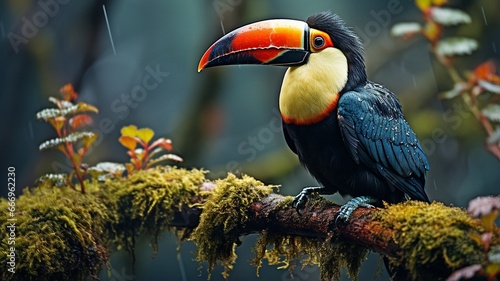 Photographic backdrop of wildlife animals and birds: Toucan (ramphastidae) perched on a mossy tree limb in a forest.. © Sawitree88