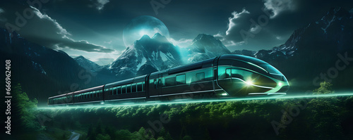 Suspension train magnetic. High-speed travel. Express passenger train.   Hyperloop train concept. Futuristic transportation technology.