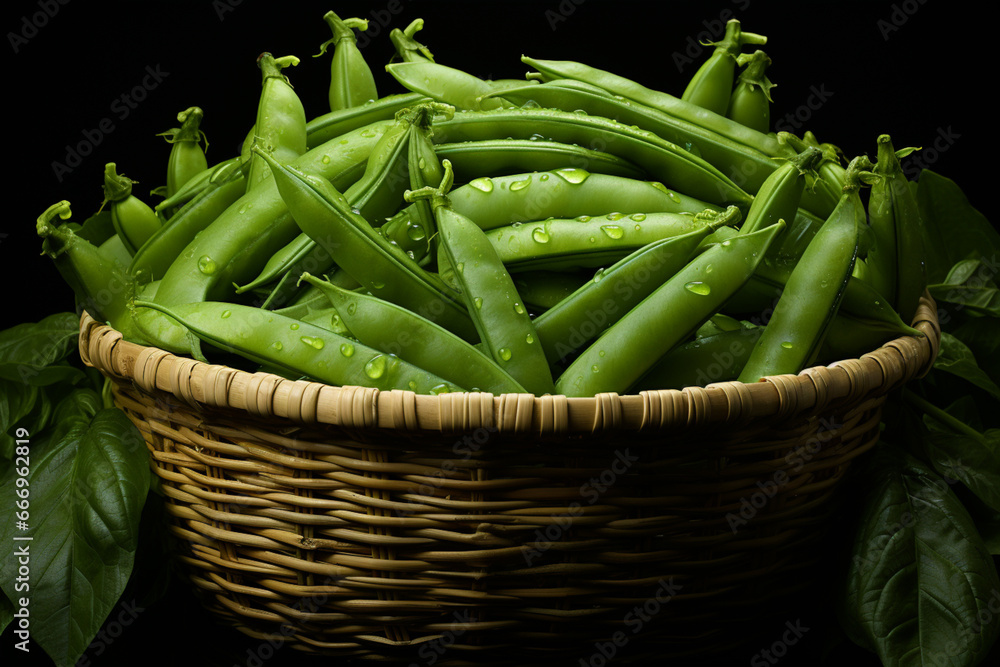 A simple arrangement of snap peas aligned side by side, their vibrant green color drawing the eye. A simple arrangement of snap peas aligned side by side, their vibrant green color drawing the eye.