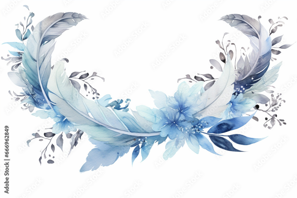 Feathers of blue bird, Wreath border, Watercolor
