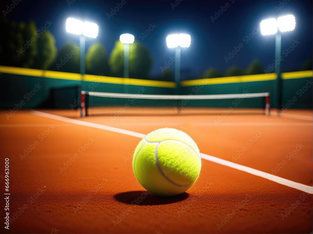 Tennis ball on court, illuminated night indoor sport arena in background