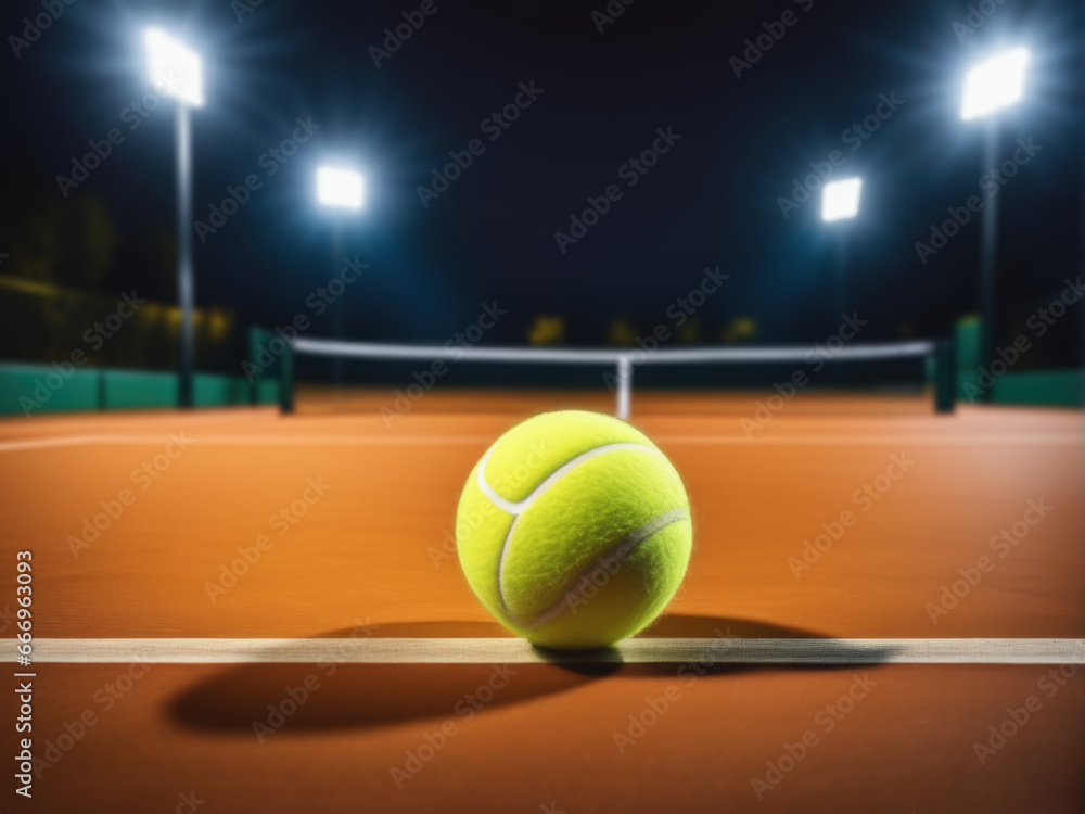 Tennis ball on court, illuminated night indoor sport arena in background