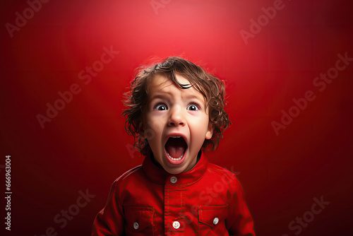 white little baby boy screaming crying on red isolated background © alexkoral