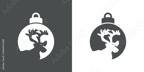 Tiempo de Navidad. Logo con silueta de bola de navidad con cabeza de ciervo o reno Rudolph para su uso en invitaciones y felicitaciones