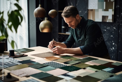 Frofessional Textile designer man working with textile and leather exemples, designer desk photo