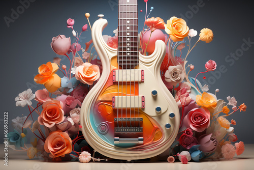 A pastel-colored geometric-style Bass guitar artwork with intricate geometric shapes and soft pastel hues, 