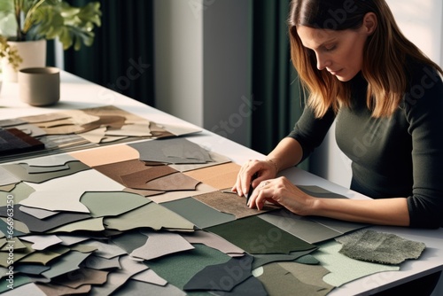 Textile designer woman working with textile and leather exemples, designer desk photo