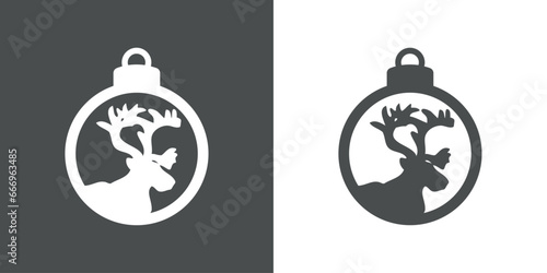 Tiempo de Navidad. Logo con silueta de bola de navidad con cabeza de ciervo o reno Rudolph para su uso en invitaciones y felicitaciones