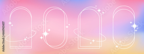 Retro thin white outline frames with stars on a gradient blurred background, liquid aura in Y2K aesthetic. Vector illustration.