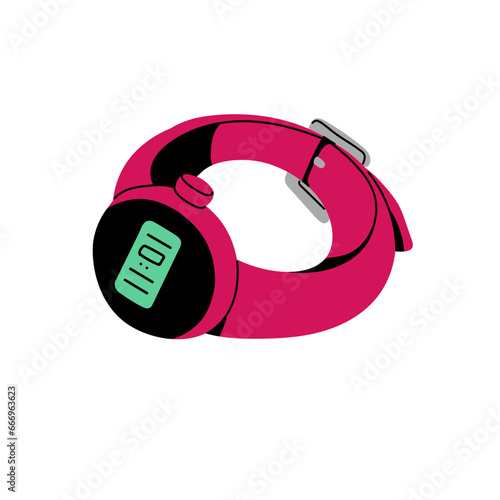 Pink smartwatch, electronic watch, hand clock, digital fitness bracelet, wristwatch with display, smart gadget for tracking, monitoring. Retro technology. Flat isolated vector illustration on white