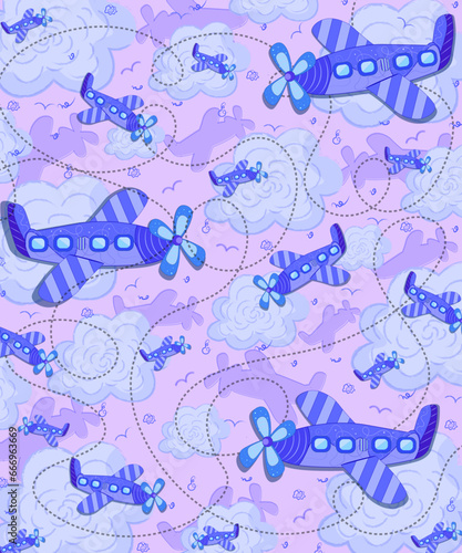 Seamless background pattern of evenly spaced plane symbols of different sizes and opacity. Airplane line path poster art. Vector illustration of airplane flight route with line trace.