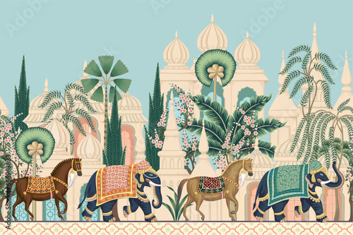 Indian elephant and horses walking in the town mural. Oriental parade wallpaper.