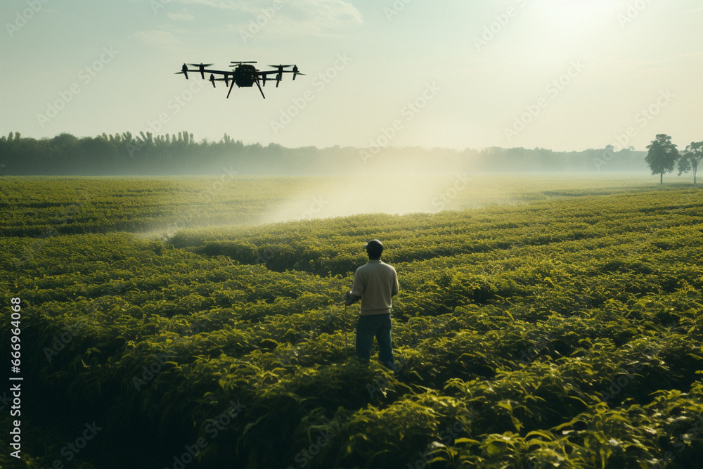 Farmer spraying his crops using a drone, aesthetic look - obrazy, fototapety, plakaty 